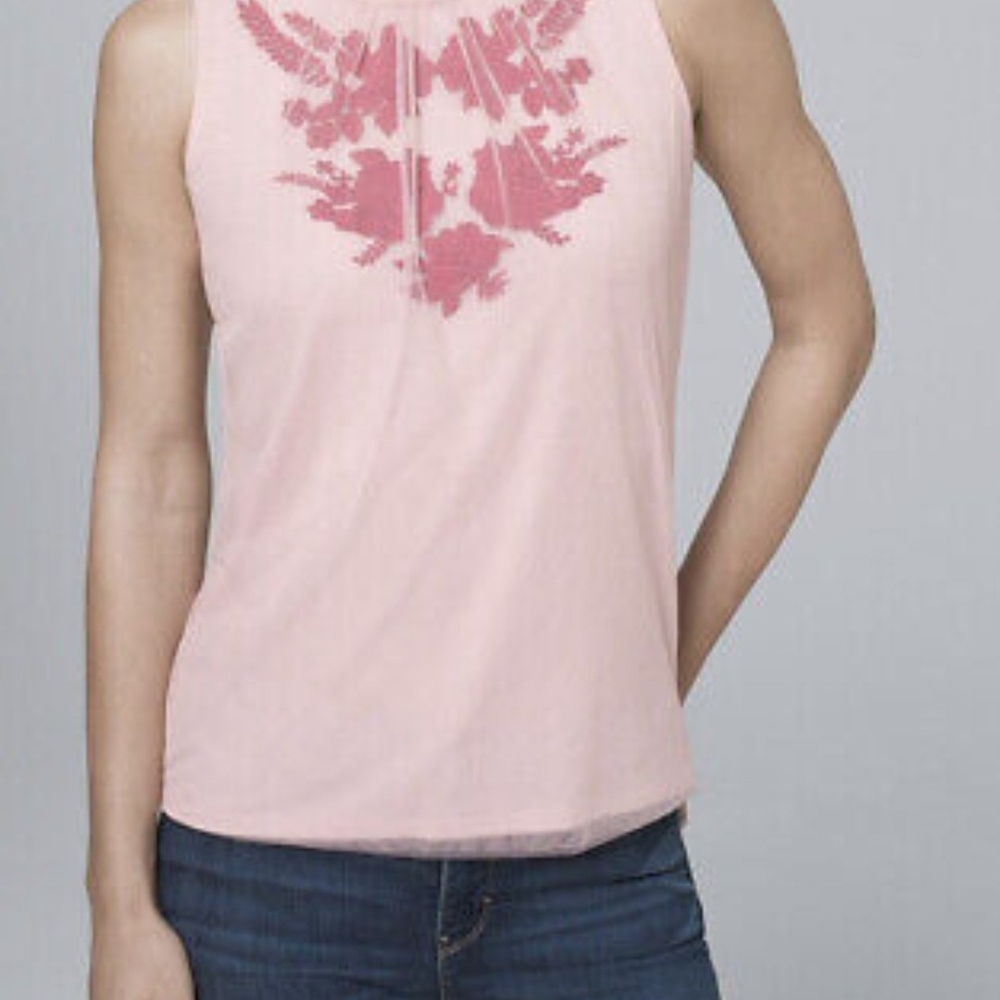 White House Black Market Pink Applique Floral Mesh Top